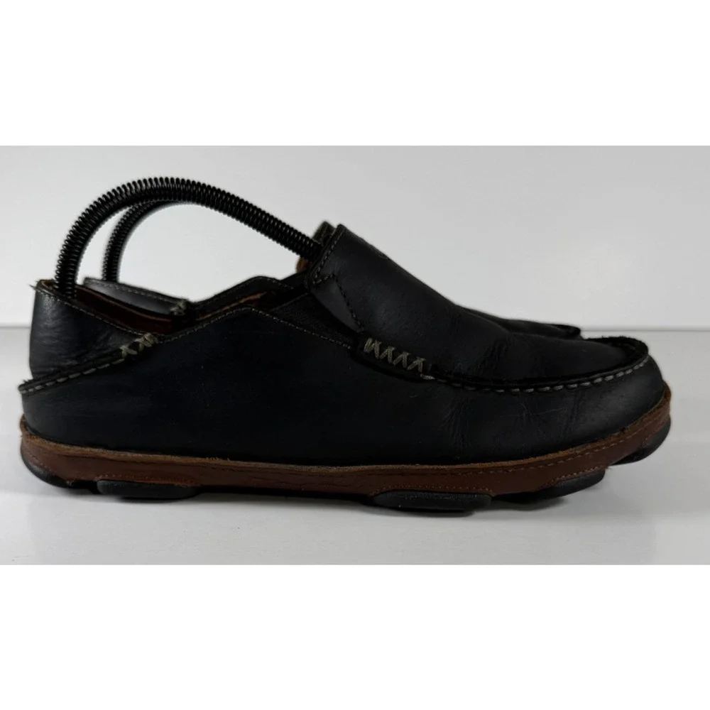 OluKai Moloa Men's 8 Black Toffee Leather Slip On Loafers 10128-4033